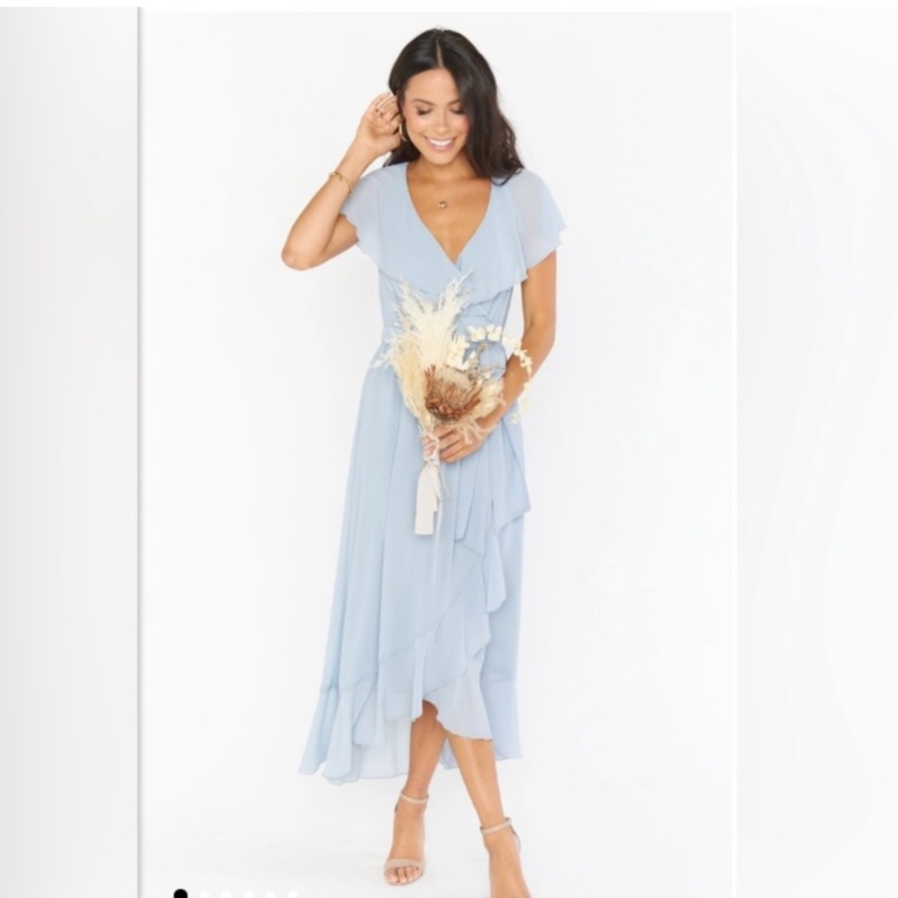 Show me your Mumu Jess Ruffle MIDI Dress Steel Blue Chiffon Size 2X Belted
